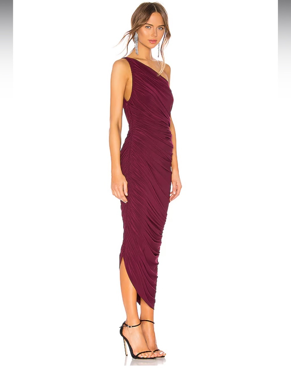Norma Kamali Diana Gown One-Shoulder Ruched Midi Dress in Plum
